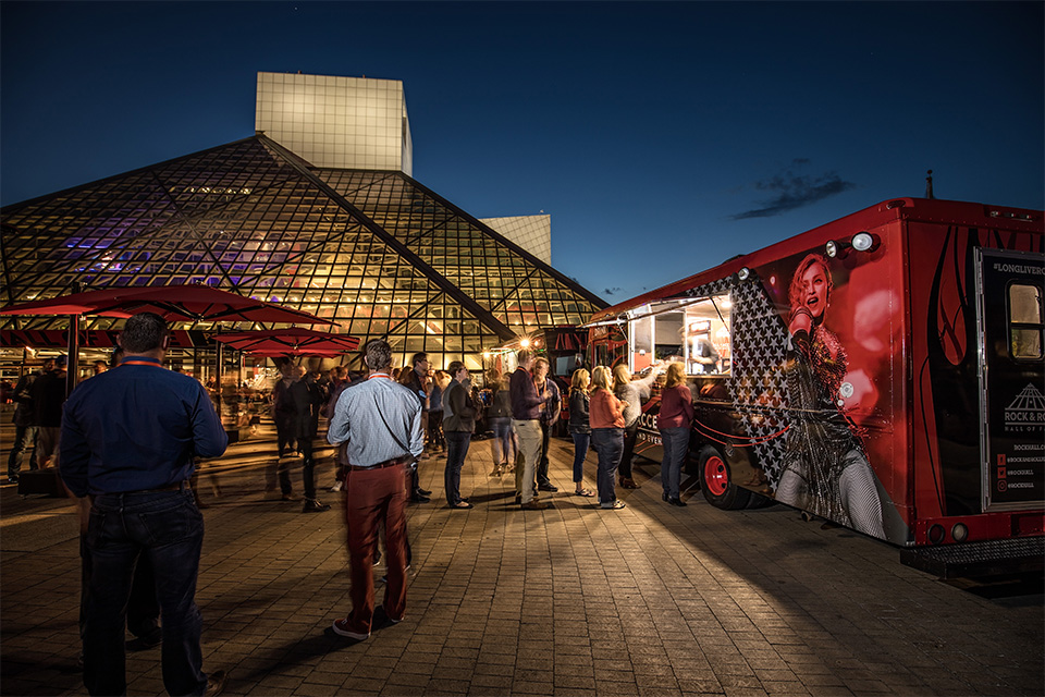 Exterior of Rock and Roll Hall of Fame in Cleveland during event (courtesy of Rock and Roll Hall of Fame) Exterior of Rock and Roll Hall of Fame in Cleveland during event (courtesy of Rock and Roll Hall of Fame)